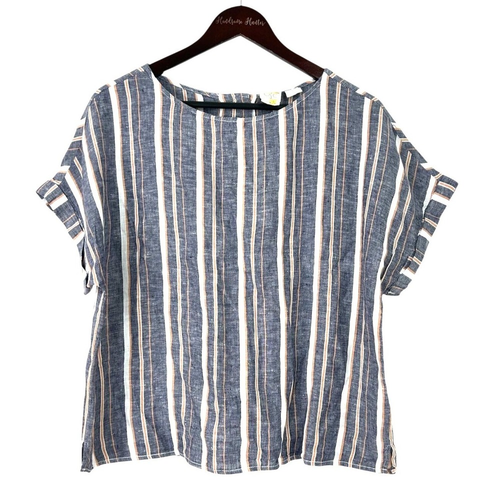 C&C California Womens Linen Shirt L Blue Monarch Striped Back‎ Button Up Top T3